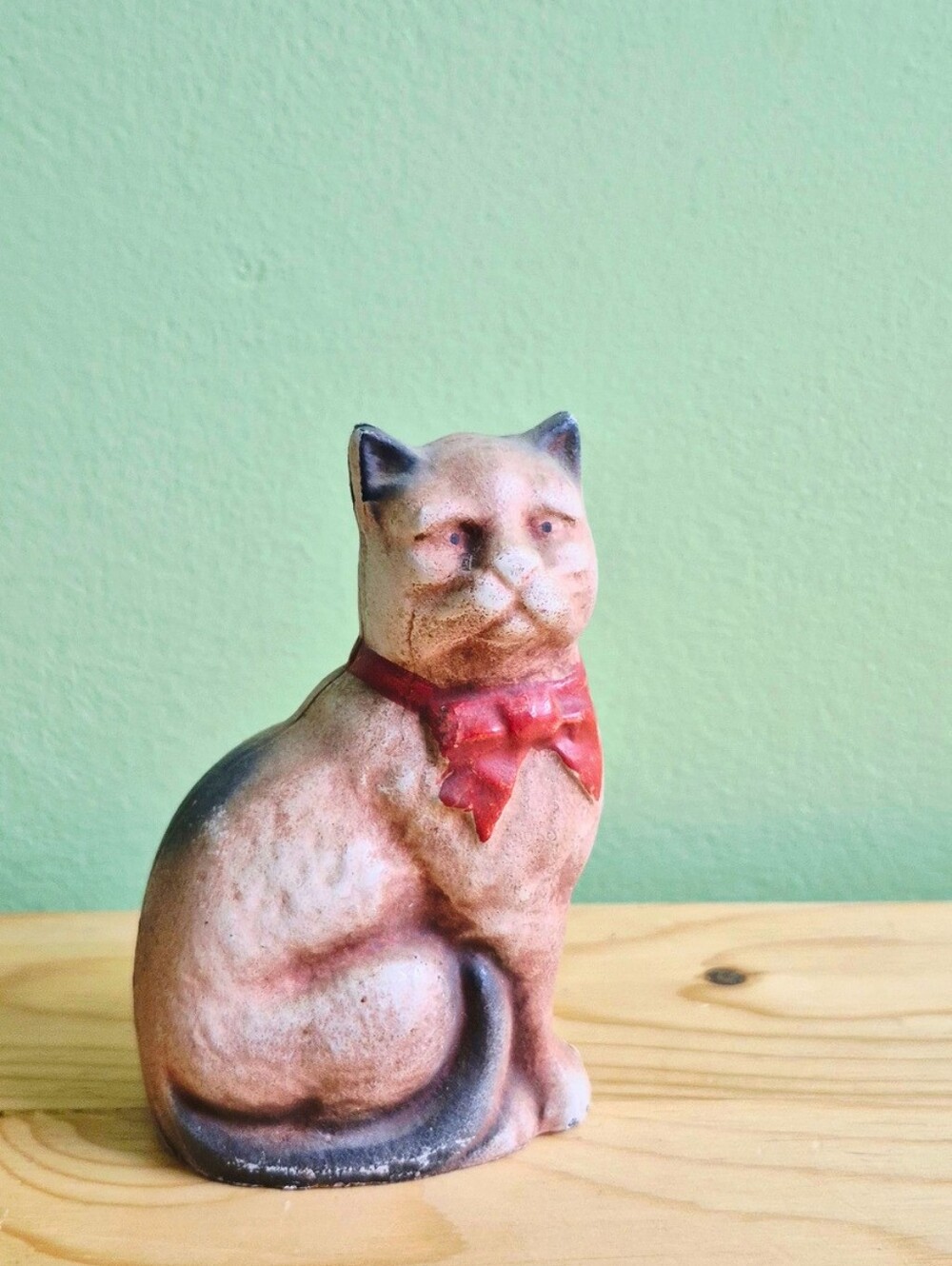 Cast Iron Seated Vintage Cat Still Coin Bank with Red Bow